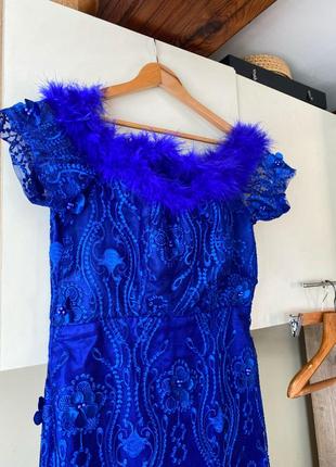 Платье с порынью, стильное платье миди, платье кружево, яркое синее платье3 фото