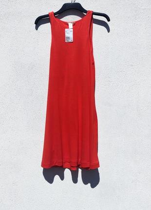 Красно оранжевое трикотажное платье трапеция с карманами h&m