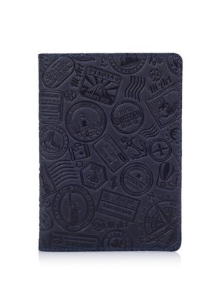Синя обкладинка для паспорта ручної роботи з художнім тисненням