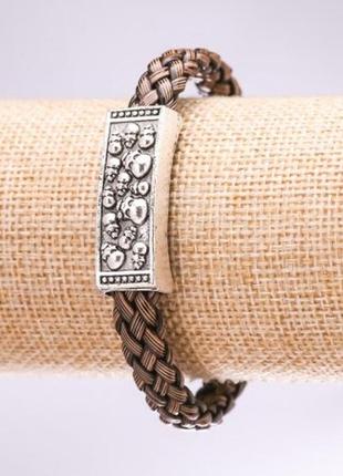 Браслет метал вставка  черепа плетение коричневий