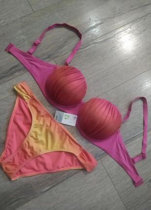 34f,75f/12/40/м,primark,англия!коралловый раздельный купальник бандо с переходом цвета, на поролоне