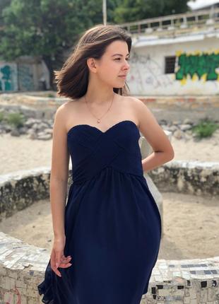 Вечернее синее платье без бретелек с завышенной талией3 фото