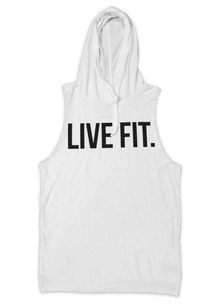 Майка чоловіча безрукавка з капюшоном "live fit" біла