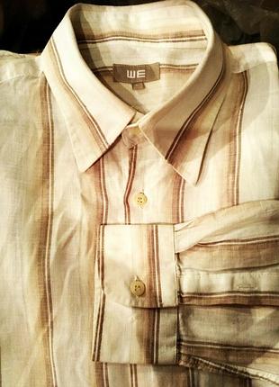 Рубашка мужская, лён, белая в коричневую полоску. we