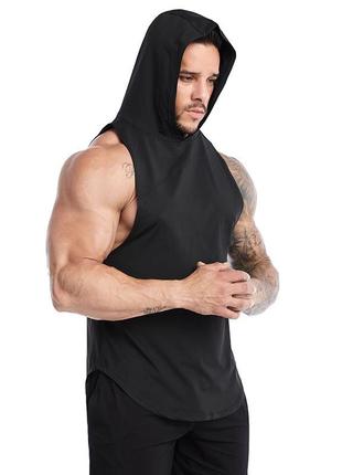 Майка чоловіча спортивна безрукавка з капюшоном чорна