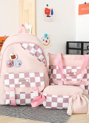 Рюкзак розовый комплект 4в1 для города и школы с зайчиком, набор сумок / fs-1846