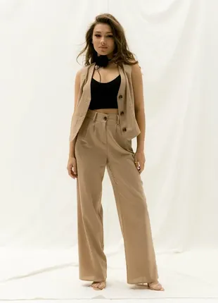 Бежеві широкі штани з льону пряму брюки з натуральної тканини штани з високою посадкою