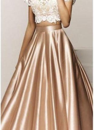 Перламутровая пудровая атласная сатиновая вечерняя пышная юбка макси сатиновая перламутрова пудрова пишна спідниця максі
