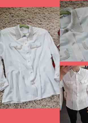 Базовая белая блуза с перламутровыми бусинами,aport, p  40-42
