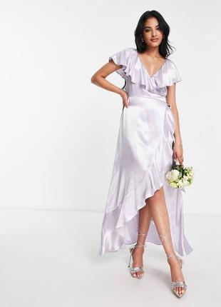 Сиреневое атласное платье с запахом и оборками topshop bridesmaid