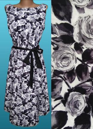 Великолепное хлопковое платье миди autonomy в розы/пышное летнее платье приталенное/черный белый