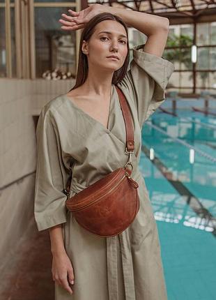Сумка бананка, кросбоді жіноча натуральна шкіра, світло-коричнева вінтажна vacation