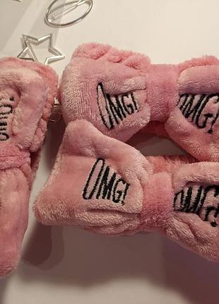 🎀 косметична махрова пов'язка з бантом на голову omg коралова
