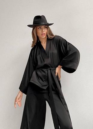 Костюм шелковый армани базовый черный бежевый стильный трендовый комплект двойка брюки кимоно на поясе в пижамном болевом стиле2 фото