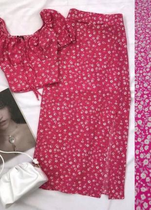 Костюм топ + спидница юбка миди длинная комплект в цветочки черный зеленый розовый малиновый голубой голубой укороченный кроп цветочный принт5 фото