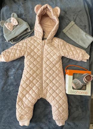 Демісезонний комбінезон «вінні», комплект шапочка та шарф-труба, чобітки