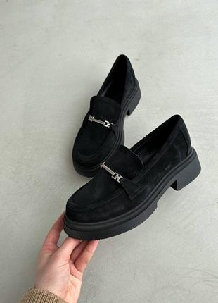 Натуральные замшевые черные туфли - лоферы2 фото
