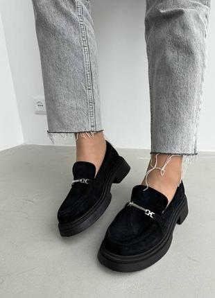 Натуральные замшевые черные туфли - лоферы7 фото