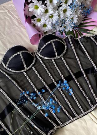 Корсет зі стразами ручна робота чорний, червоний, білий