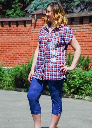 Женская летняя блуза рубашка в клетку короткий рукав (большие размеры)5 фото