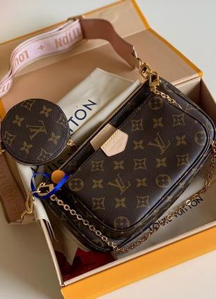 Жіноча коричнева шкіряна сумка в стилі louis vuitton луї витон multi pochette мульти пошей 3 в 1