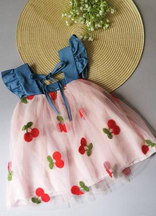 Сарафан 80 - 100 см платье на лето платья вишни черешни джинс фатин3 фото