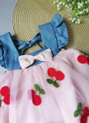 Сарафан 80 - 100 см платье на лето платья вишни черешни джинс фатин4 фото
