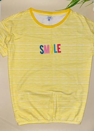 Футболка білого кольору в жовту полосочку з принтом. //розмір: 164 //бренд: ovs