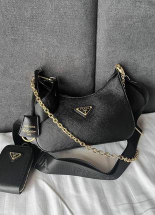 Женская сумка prada leather black gold