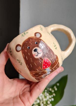 Чашка ручной работы мишка грибок керамики глина беж