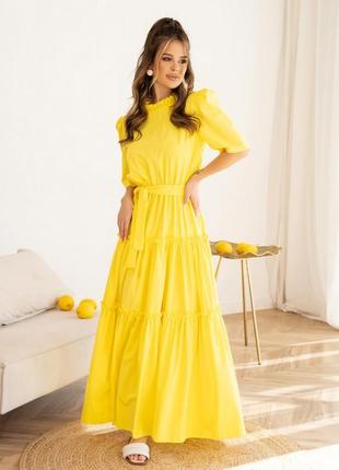 Жовта довга сукня з рюшами4 фото