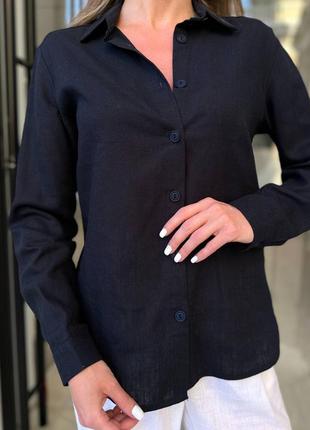 Льняная темно-синяя рубашка8 фото