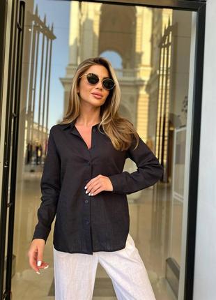 Льняная темно-синяя рубашка5 фото