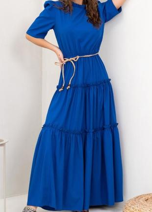 Синее длинное платье с рюшами1 фото