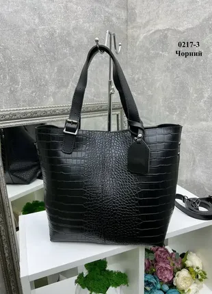 Черная – без логотипа - стильная большая сумка, экокожа с тиснением под крокодила