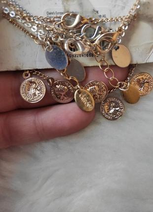 Набор комплект браслетов браслет на ногу серебряный золотой с висюльками монетками шариками6 фото