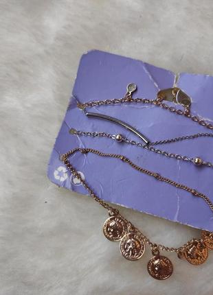 Набор комплект браслетов браслет на ногу серебряный золотой с висюльками монетками шариками