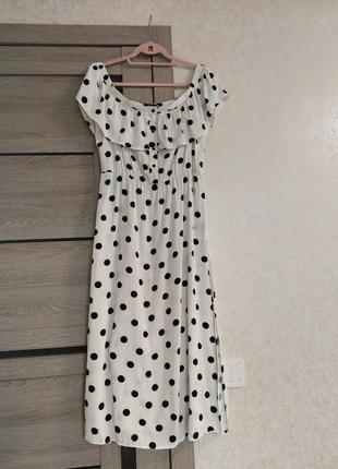 Белое платье - миди в чёрный горошек🔹с открытыми плечами🔹george ( размер 12)