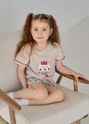 Бавовняна піжама для дівчаток 3-8 років з котиком, комплект з шортами nicoletta туреччина.