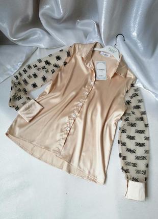Сорочка блуза еко шовк з прозорими рукавами сітка