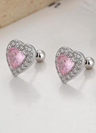 Серебряные серьги закрутки "розовые сердечки"