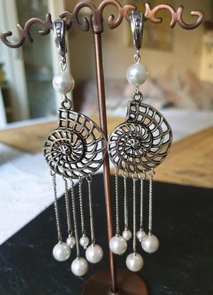 Дизайнерські сережки з натуральним камінням(перли, майоріка в сріблі)"ammonites"🐚🌊6 фото