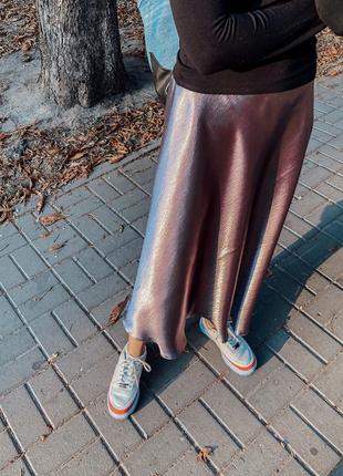 Супер стильная сатиновая юбка миди кофейный оттенок midi3 фото