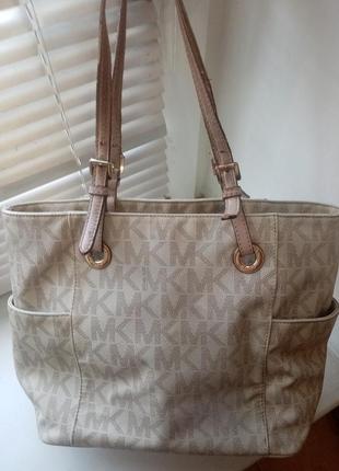 Оригинал. кожаная сумка michael kors 30s11ttt4b-150 jet set monogram logo tote bag for women - vanilla