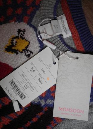 Тёплый качественный трикотажный свитерок джемпер monsoon 3-4 года 98см3 фото