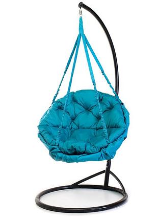 Підвісне крісло гамак для дому та саду з великою круглою подушкою 96 х 120 см до 200 кг бірюзового кольору