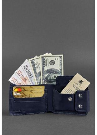 Чоловічі гаманці на кнопці зі шкіри ручної роботи, фірмовий шкіряний натуральний портмоне з монетницею синій2 фото