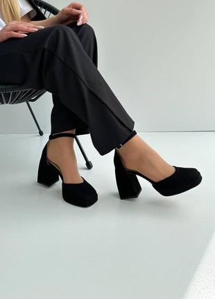 Шикарные черные кожаные туфли на квадратном каблуке10 фото