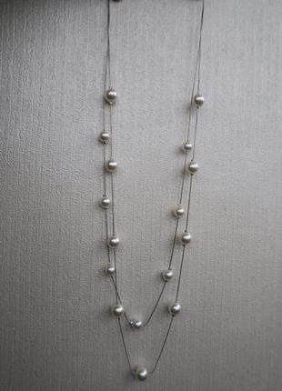 Прикраса на шию білі перлини на срібному ланцюзі,довга4 фото