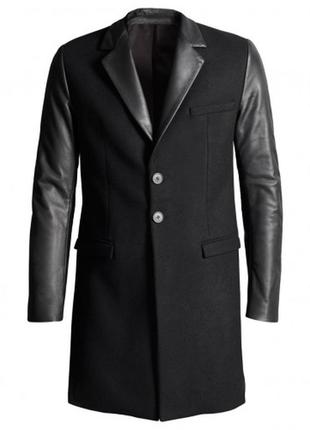 Шикарное пальто из натуральной шерсти и вставками натуральной кожи versace &amp; h&amp;m, оригинал